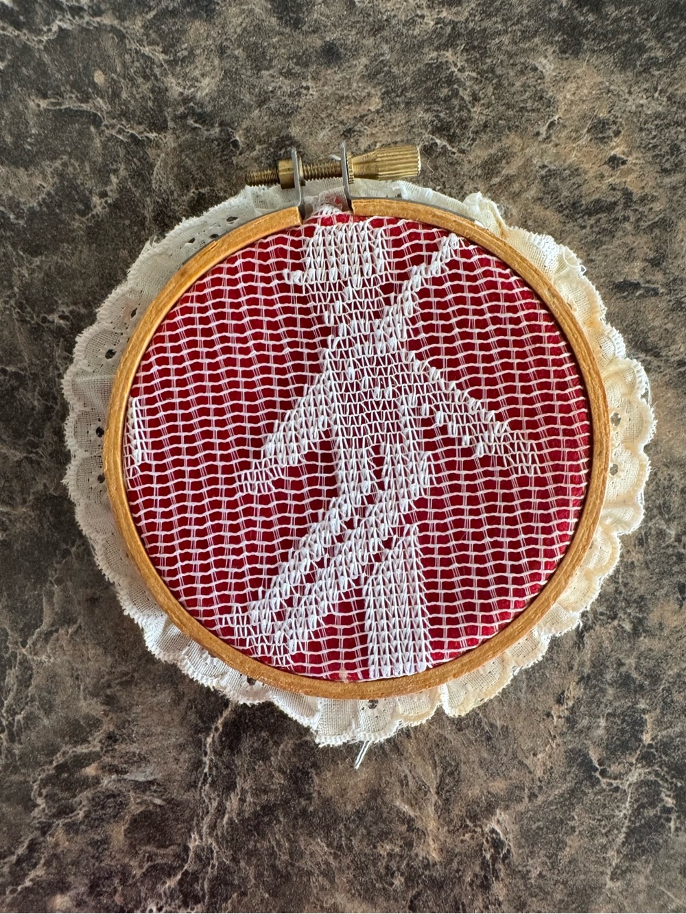 Vintage Made in Taiwan Embroidery Hoop Art Red Velvet White Lace Needlework